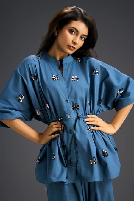 Buy_Deepika Arora_Blue Cotton Embroidery Mandarin Collar Designer Shirt And Pant Set 