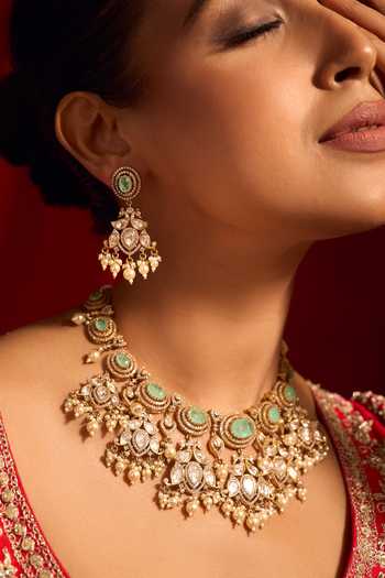 Nazaakat By Samara Singh Green Pearls Mint Kundan Necklace And Earrings Set at Aza Fashions Nazaakat By Samara Singh_Green Pearls Mint Kundan Necklace And Earrings Set _at_Aza_Fashions