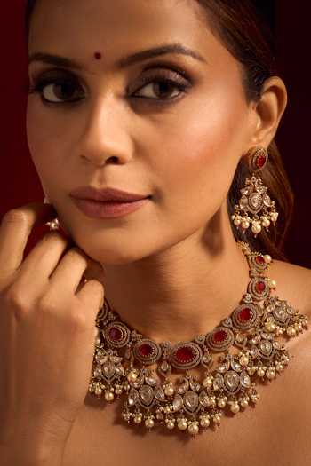 Shop_Nazaakat By Samara Singh_Red Zari Ruby Kundan Necklace And Earring Set _Online_at_Aza_Fashions