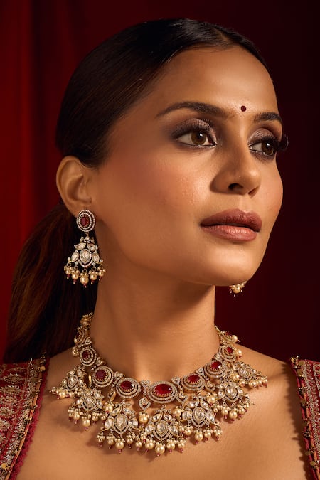 Nazaakat By Samara Singh Ruby Red Kundan Necklace & Earring Set 
