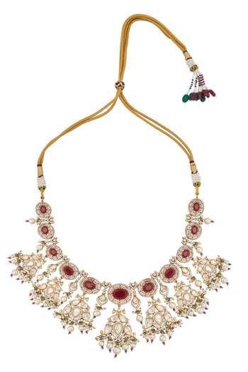 Buy_Nazaakat By Samara Singh_Red Zari Ruby Kundan Necklace And Earring Set 