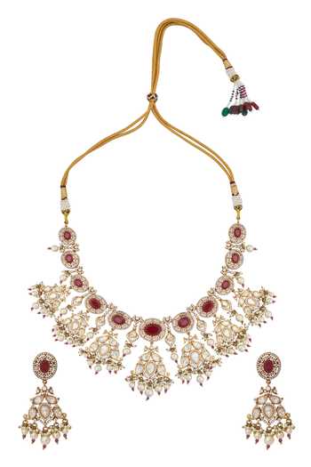 Shop_Nazaakat By Samara Singh_Red Zari Ruby Kundan Necklace And Earring Set 