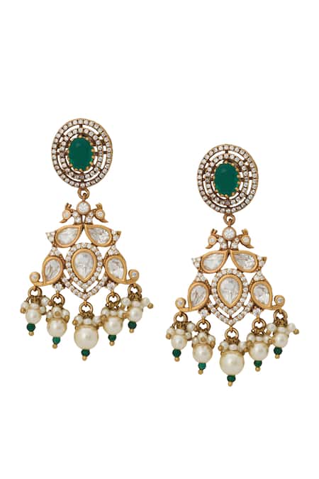 Shop Nazaakat By Samara Singh Green Zari Kundan Brass Necklace And Earring Set Online at Aza Fashions Shop_Nazaakat By Samara Singh_Green Zari Kundan Brass Necklace And Earring Set _Online_at_Aza_Fashions