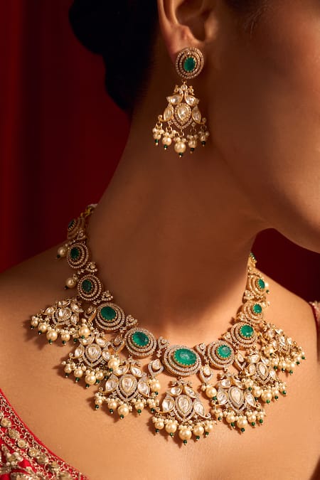 Nazaakat By Samara Singh Green Zari Kundan Brass Necklace And Earring Set at Aza Fashions Nazaakat By Samara Singh_Green Zari Kundan Brass Necklace And Earring Set _at_Aza_Fashions