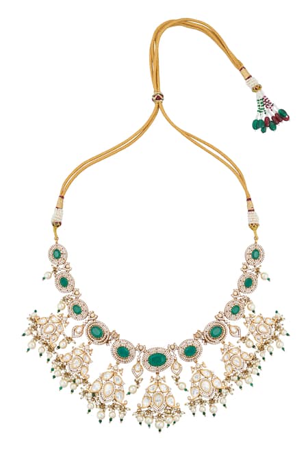 Buy Nazaakat By Samara Singh Green Zari Kundan Brass Necklace And Earring Set Buy_Nazaakat By Samara Singh_Green Zari Kundan Brass Necklace And Earring Set