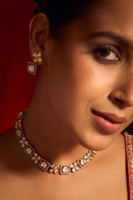 Buy_Nazaakat By Samara Singh_White Zari Kundan Necklace And Earring Set_Online_at_Aza_Fashions