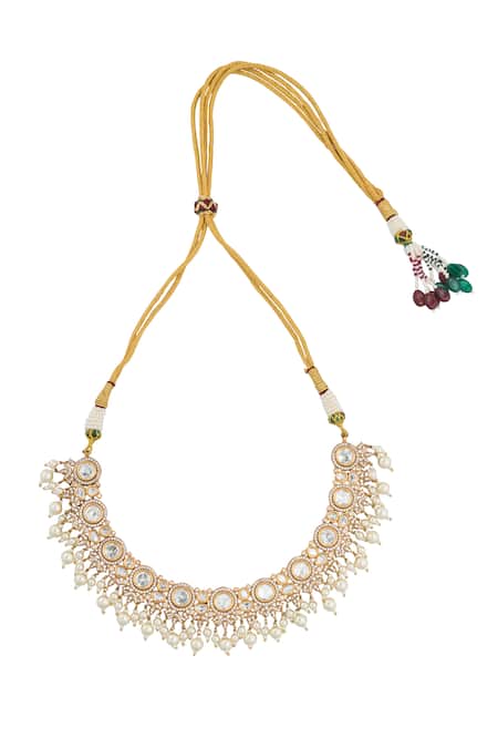 Nazaakat By Samara Singh_White Zari, Pearls Kundan Work Necklace And Earring Set _at_Aza_Fashions