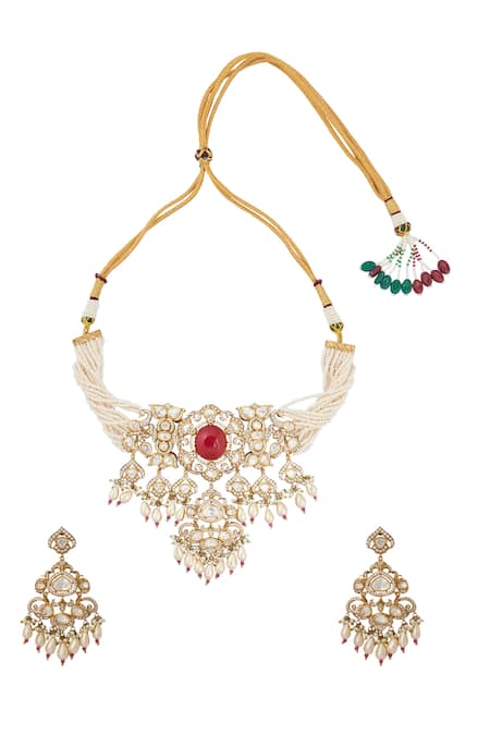 Nazaakat By Samara Singh Ruby Red Kundan Necklace & Earring Set 