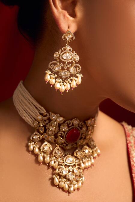 Buy_Nazaakat By Samara Singh_Red Ruby Kundan Necklace And Earring Set _Online_at_Aza_Fashions