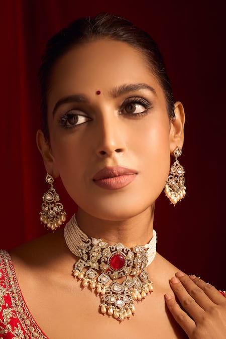 Nazaakat By Samara Singh Ruby Red Kundan Necklace & Earring Set 