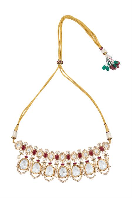 Shop Nazaakat By Samara Singh Red Zari Ruby Kundan Necklace And Earring Set Online at Aza Fashions Shop_Nazaakat By Samara Singh_Red Zari Ruby Kundan Necklace And Earring Set _Online_at_Aza_Fashions