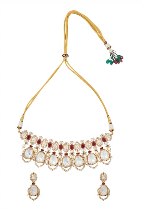 Shop Nazaakat By Samara Singh Red Zari Ruby Kundan Necklace And Earring Set at Aza Fashions Shop_Nazaakat By Samara Singh_Red Zari Ruby Kundan Necklace And Earring Set _at_Aza_Fashions