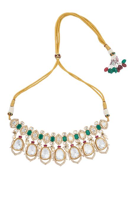 Shop_Nazaakat By Samara Singh_Green Zari Kundan And Ruby Necklace Set _Online_at_Aza_Fashions