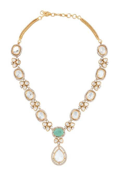 Buy_Nazaakat By Samara Singh_Mint Zari Green Kundan Necklace And Earring Set _Online_at_Aza_Fashions