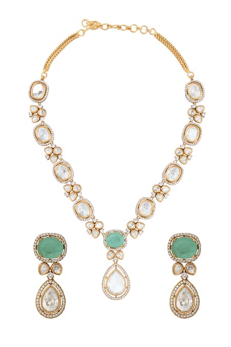 Nazaakat By Samara Singh Mint Green Kundan Necklace & Earring Set 
