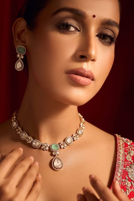 Buy_Nazaakat By Samara Singh_Mint Zari Green Kundan Necklace And Earring Set 