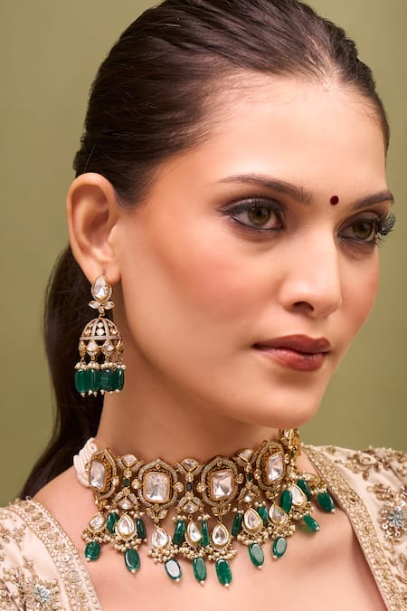 Nazaakat By Samara Singh Green Zari Kundan Necklace And Earring Set at Aza Fashions Nazaakat By Samara Singh_Green Zari Kundan Necklace And Earring Set _at_Aza_Fashions