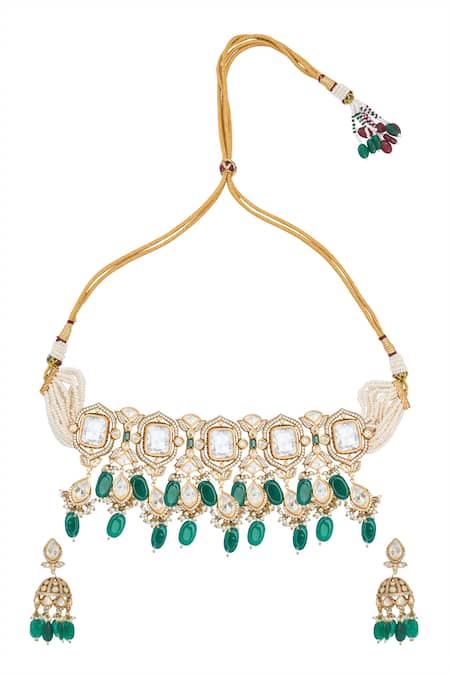 Shop Nazaakat By Samara Singh Green Zari Kundan Necklace And Earring Set at Aza Fashions Shop_Nazaakat By Samara Singh_Green Zari Kundan Necklace And Earring Set _at_Aza_Fashions