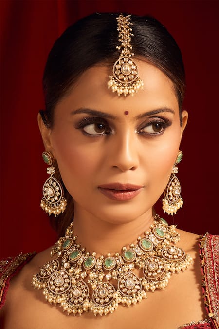 Shop_Nazaakat By Samara Singh_Mint Pearls, Zari, Stones Kundan Green Jewelry Set _Online_at_Aza_Fashions