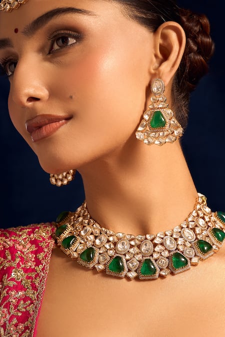 Nazaakat By Samara Singh_Green Zari Kundan Brass Jewelry Set _at_Aza_Fashions