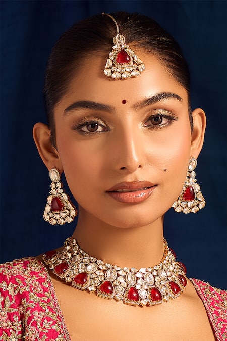 Nazaakat By Samara Singh Red Ruby Kundan Necklace Set 