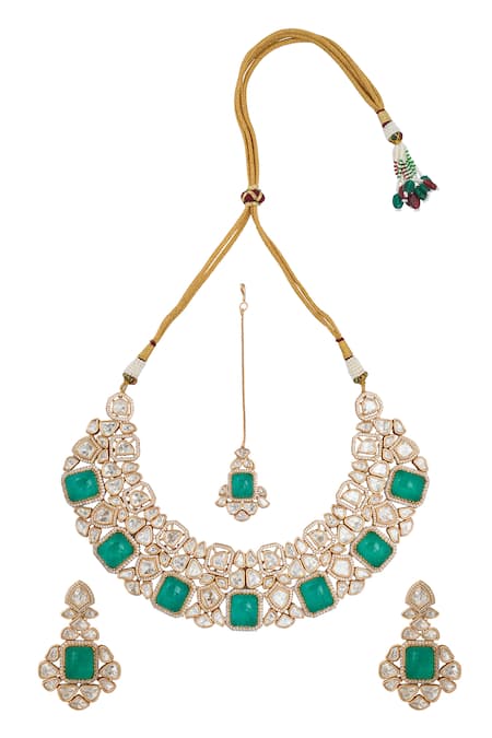 Shop Nazaakat By Samara Singh Mint Zari Kundan Green Jewelry Set at Aza Fashions Shop_Nazaakat By Samara Singh_Mint Zari Kundan Green Jewelry Set _at_Aza_Fashions