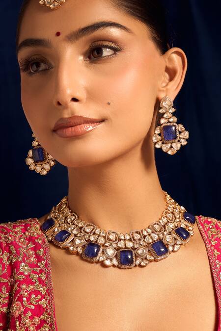 Nazaakat By Samara Singh_Blue Kundan Necklace Set _Online_at_Aza_Fashions