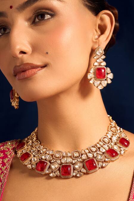 Nazaakat By Samara Singh_Red Zari Ruby Kundan Jewelry Set _at_Aza_Fashions