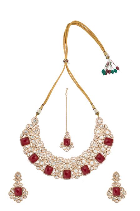 Shop_Nazaakat By Samara Singh_Red Zari Ruby Kundan Jewelry Set _at_Aza_Fashions