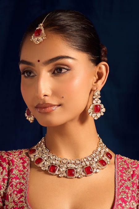Nazaakat By Samara Singh Red Zari Ruby Kundan Jewelry Set 