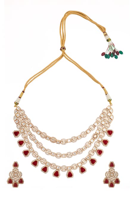Shop Nazaakat By Samara Singh Red Zari Ruby Kundan Necklace And Earring Set at Aza Fashions Shop_Nazaakat By Samara Singh_Red Zari Ruby Kundan Necklace And Earring Set _at_Aza_Fashions