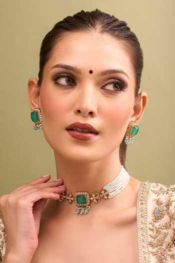 Shop Nazaakat By Samara Singh Mint Zari Kundan Necklace And Earring Set Online at Aza Fashions Shop_Nazaakat By Samara Singh_Mint Zari Kundan Necklace And Earring Set _Online_at_Aza_Fashions