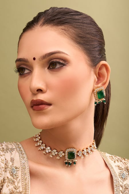 Nazaakat By Samara Singh Kundan Green Necklace & Earring Set 
