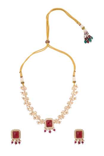 Nazaakat By Samara Singh Ruby Red Kundan Necklace & Earring Set 