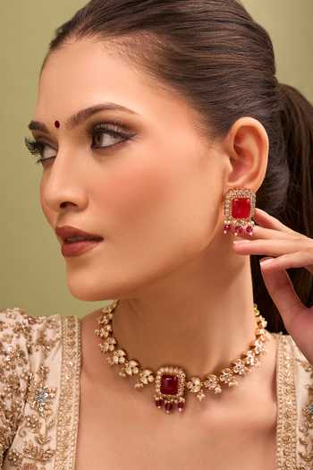 Nazaakat By Samara Singh Ruby Red Kundan Necklace & Earring Set 