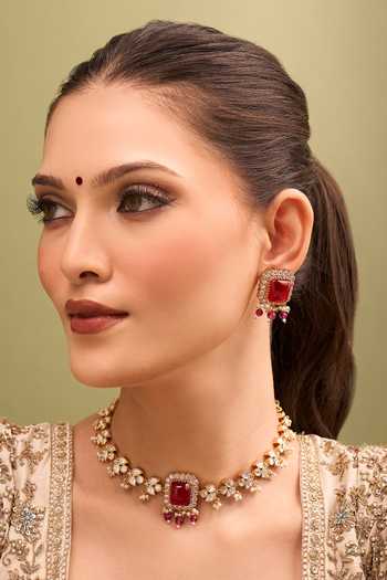 Nazaakat By Samara Singh_Red Zari Ruby Kundan Necklace And Earring Set _at_Aza_Fashions