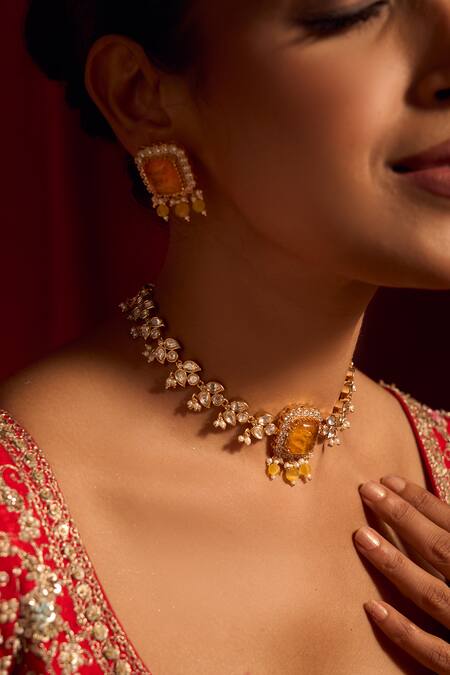 Buy_Nazaakat By Samara Singh_Yellow Zari Kundan Necklace And Earring Set _Online_at_Aza_Fashions