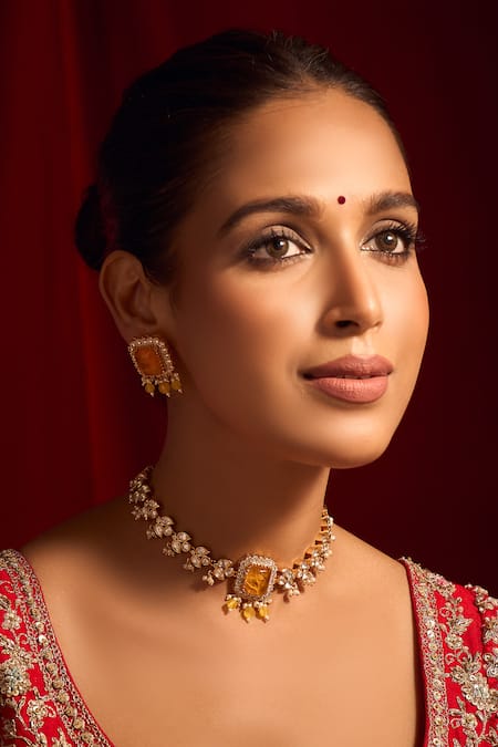 Nazaakat By Samara Singh Kundan Yellow Necklace & Earring Set 