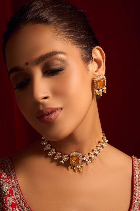Nazaakat By Samara Singh_Yellow Zari Kundan Necklace And Earring Set _at_Aza_Fashions