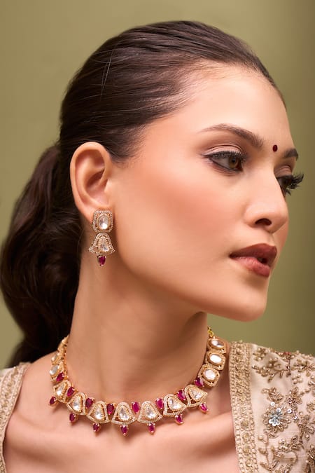 Shop Nazaakat By Samara Singh Pink Zari Kundan Ruby Necklace And Earrings Set Online at Aza Fashions Shop_Nazaakat By Samara Singh_Pink Zari Kundan Ruby Necklace And Earrings Set _Online_at_Aza_Fashions