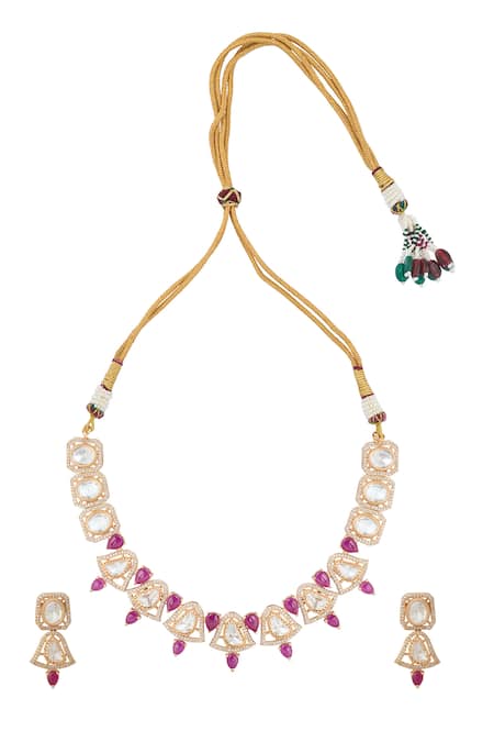 Shop Nazaakat By Samara Singh Pink Zari Kundan Ruby Necklace And Earrings Set at Aza Fashions Shop_Nazaakat By Samara Singh_Pink Zari Kundan Ruby Necklace And Earrings Set _at_Aza_Fashions