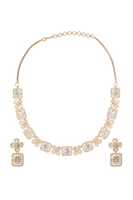 Nazaakat By Samara Singh Kundan White Brass Necklace & Earring Set 