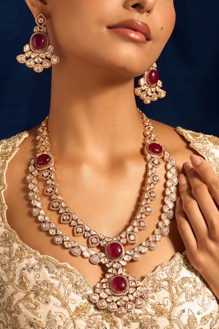 Buy_Nazaakat By Samara Singh_Pink Rani Kundan Necklace And Earring Set 