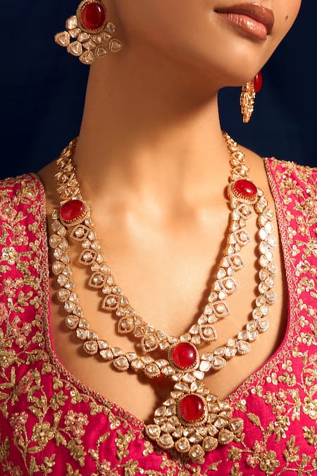 Nazaakat By Samara Singh_Red Zari Ruby Kundan Necklace And Earring Set _at_Aza_Fashions