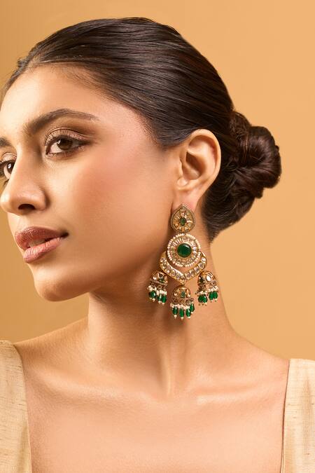 Nazaakat By Samara Singh Green Zari Kundan Earrings 4