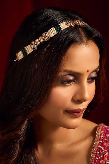 Buy_Nazaakat By Samara Singh_Green Kundan Work Brass Mathapatti _Online_at_Aza_Fashions