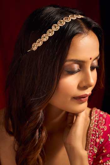 Buy_Nazaakat By Samara Singh_Green Kundan Work Brass Mathapatti _Online_at_Aza_Fashions