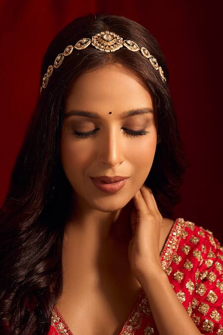 Buy_Nazaakat By Samara Singh_Green Kundan Brass Mathapatti _Online_at_Aza_Fashions