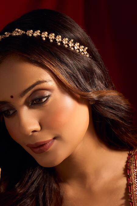 Shop_Nazaakat By Samara Singh_White Kundan Brass Mathapatti _Online_at_Aza_Fashions