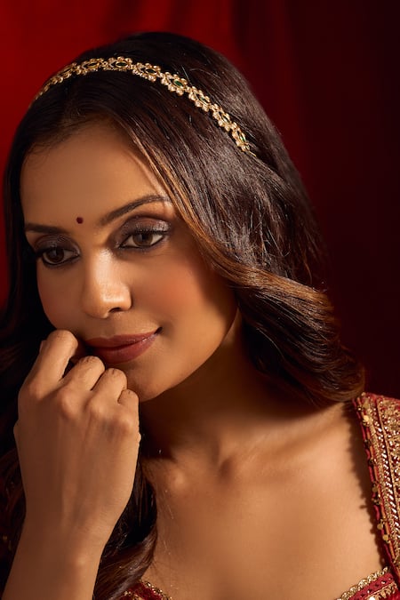 Buy_Nazaakat By Samara Singh_Green Kundan Brass Mathapatti _Online_at_Aza_Fashions